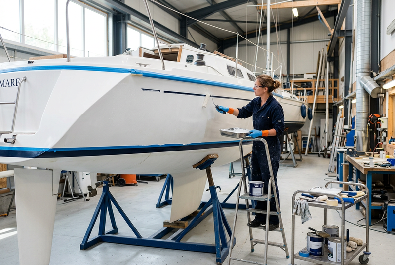 Schilder brengt met een roller verf aan op de afgeplakte romp van een witte boot in een loods.