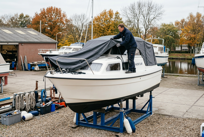 Een booteigenaar brengt een afdekzeil aan op een kajuitboot die op steunen in een herfstige botenstalling staat.