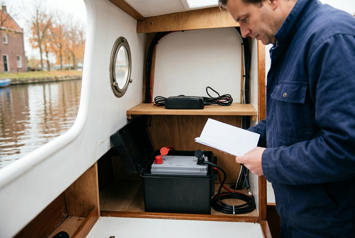 Een booteigenaar bekijkt instructies naast een accu in een technisch compartiment van een boot, met een losse lader op de plank erboven.