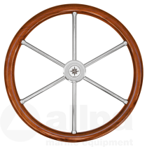 6-spaaks RVS stuurwiel met teak rand en vingergrip